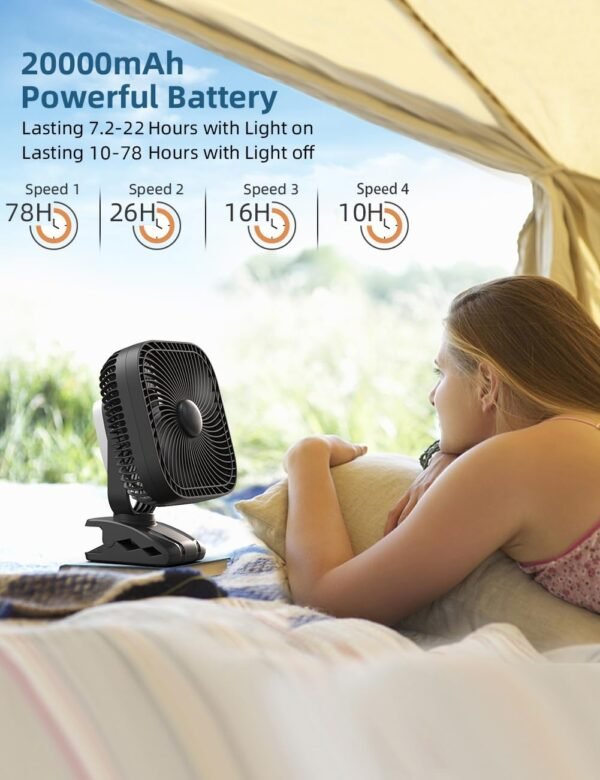 20000mAh Rechargeable Portable Clip on Fan, Last 78 hrs, 4 Speeds Camping Fan - Image 2
