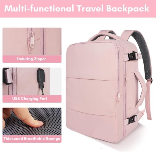 Travel Backpack for Women, Carry On Backpack with USB Charging Port & Shoe Pouch - Image 4